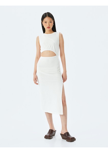 Midi Boy Pencere Detaylı Yırtmaçlı Kolsuz Elbise fiyatları