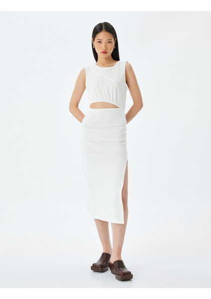 Midi Boy Pencere Detaylı Yırtmaçlı Kolsuz Elbise modelleri