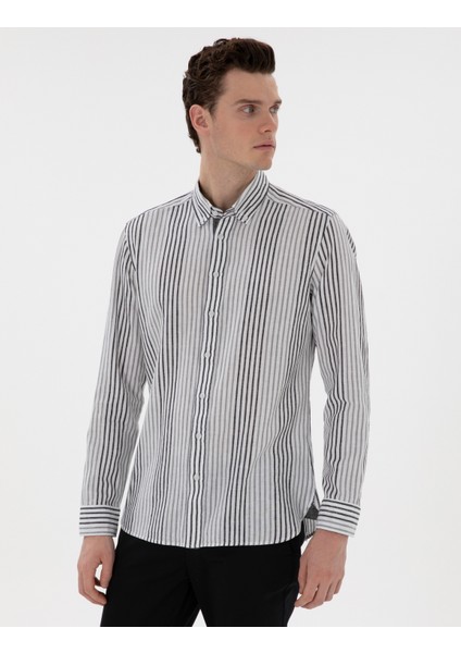 Erkek Siyah Regular Fit Çizgili Uzun Kollu Gömlek 50304597-VR046