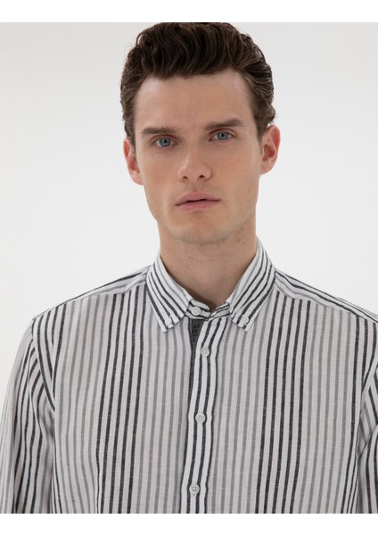 Erkek Siyah Regular Fit Çizgili Uzun Kollu Gömlek 50304597-VR046 fiyatları