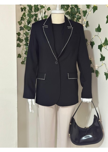 Yakası Taş Detaylı Blazer Ceket-Siyah