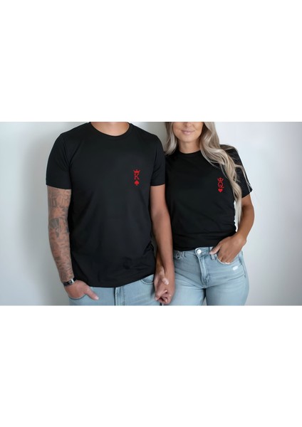 Iskambil Kağıdı Kupa Kızı Sinek Valesi Baskılı 2'li Sevgili Çift Kombini Siyah Tişört T-Shirt