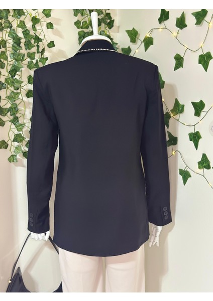 Yakası Taş Detaylı Blazer Ceket-Siyah