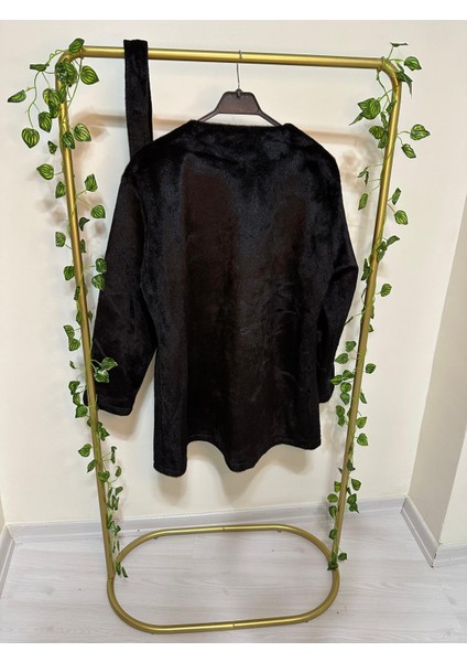 Düğmeli Beli Bağlamalı Kürklü Ceket Siyah modelleri