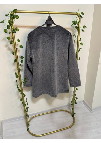 Düğmeli Beli Bağlamalı Kürklü Ceket Füme modelleri