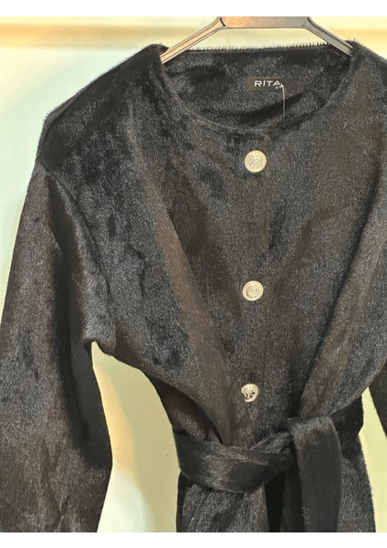 Düğmeli Beli Bağlamalı Kürklü Ceket Füme fırsatları