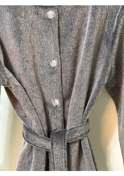 Düğmeli Beli Bağlamalı Kürklü Ceket Füme indirimleri