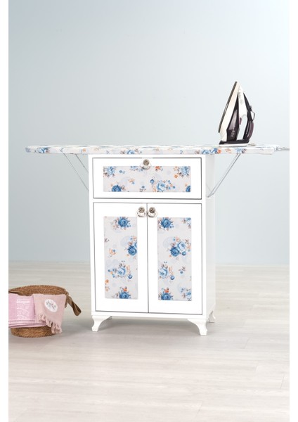 Rose Beyaz Katlanır Dolaplı Ütü Masası Mavi Çiçek Desenli