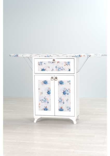 Rose Beyaz Katlanır Dolaplı Ütü Masası Mavi Çiçek Desenli fiyatları