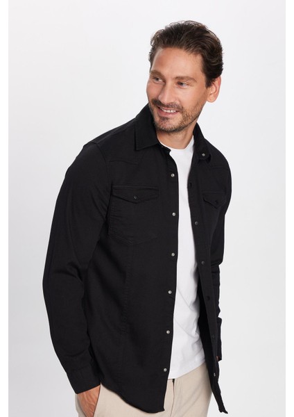 Slim Fit %100 Pamuk Çift Cepli Siyah Denim Gömlek