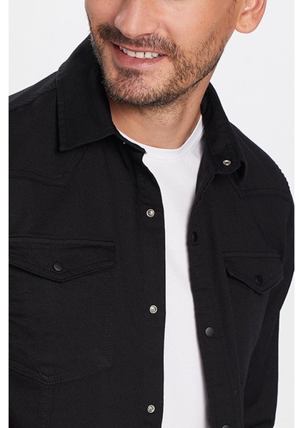Slim Fit %100 Pamuk Çift Cepli Siyah Denim Gömlek