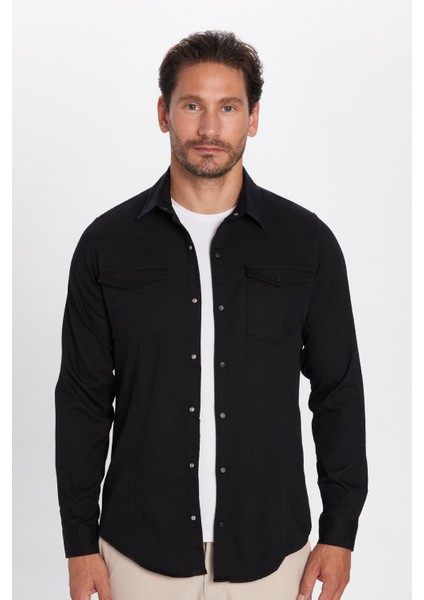 Slim Fit %100 Pamuk Çift Cepli Siyah Denim Gömlek