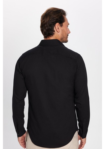 Slim Fit %100 Pamuk Çift Cepli Siyah Denim Gömlek