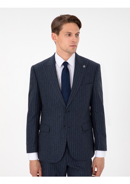 Erkek İndigo Slim Fit Çizgili Yün Karışımlı Takım Elbise 50291962-VR028 modelleri