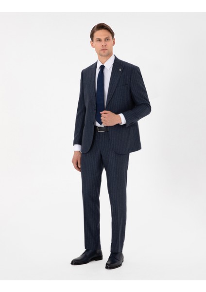 Erkek İndigo Slim Fit Çizgili Yün Karışımlı Takım Elbise 50291962-VR028 fırsatları