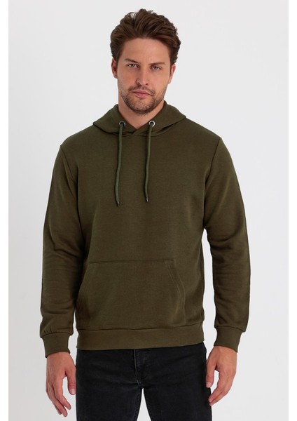 Erkek Kapüşonlu Kanguru Cepli Düz Renk Sweatshirt