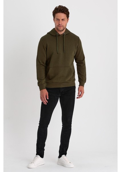Erkek Kapüşonlu Kanguru Cepli Düz Renk Sweatshirt
