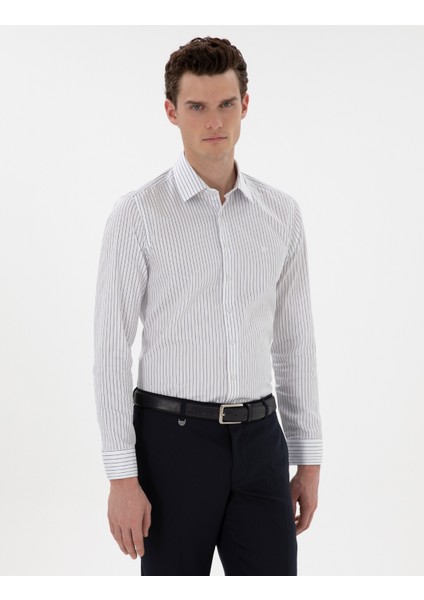 Erkek Lacivert Slim Fit Çizgili Uzun Kollu Gömlek 50306028-VR033
