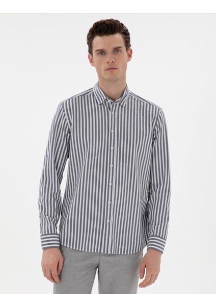 Erkek Lacivert Regular Fit Çizgili Uzun Kollu Gömlek 50301533-VR033