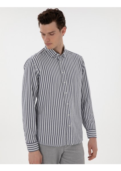 Erkek Lacivert Regular Fit Çizgili Uzun Kollu Gömlek 50301533-VR033