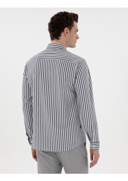 Erkek Lacivert Regular Fit Çizgili Uzun Kollu Gömlek 50301533-VR033