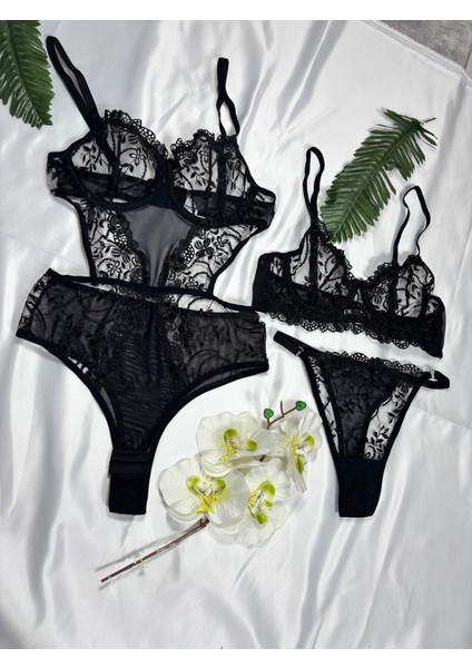 Siyah Dantelli Çıtçıtlı Dekolteli Tül Detaylı Kadın Bodysuit