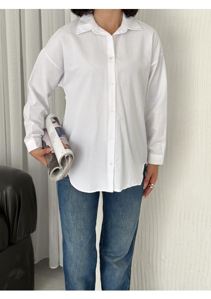Kadın Beyaz Oversize Uzun Basic Gömlek