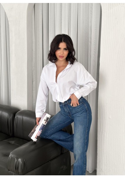 Kadın Beyaz Oversize Uzun Basic Gömlek