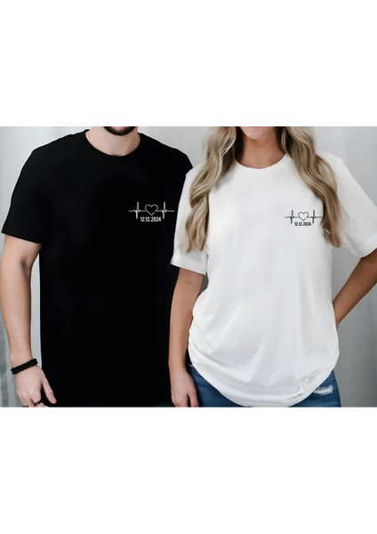 Kişiye Özel Tarih Baskılı 2'li Sevgili Çift Kombini Siyah Beyaz Tişört T-Shirt