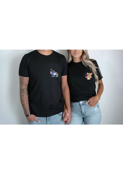 Tom And Jerry Baskılı 2'li Sevgili Çift Kombini Siyah Tişört T-Shirt