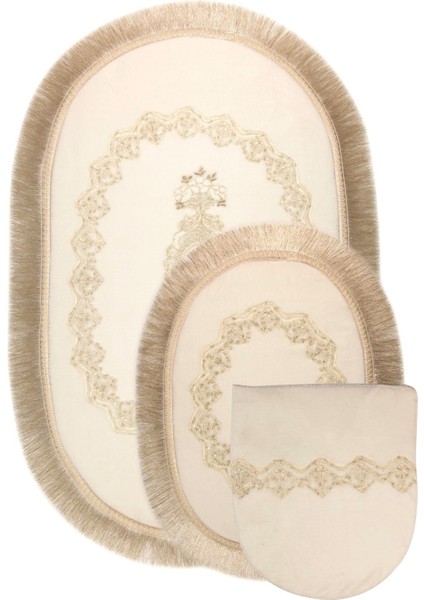 Exclusive Oval Krem Püsküllü 3lü Klozet Takımı Çeyizlik Banyo Halısı Paspası Seti