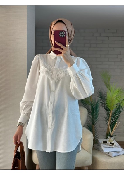 Güpür Püsküllü Ham Keten Balon Kol Gömlek