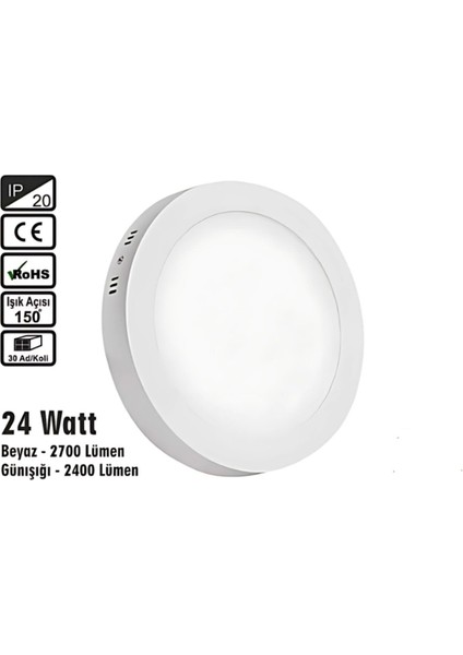 Inoled Yuvarlak Beyaz Kasa Sıva Üstü LED Panel 24WATT - Volga 2762-02 Gün Işığı