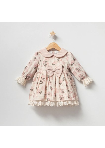 Fiyonk Detaylı Kız Bebek Çocuk Vintage Rose Elbise