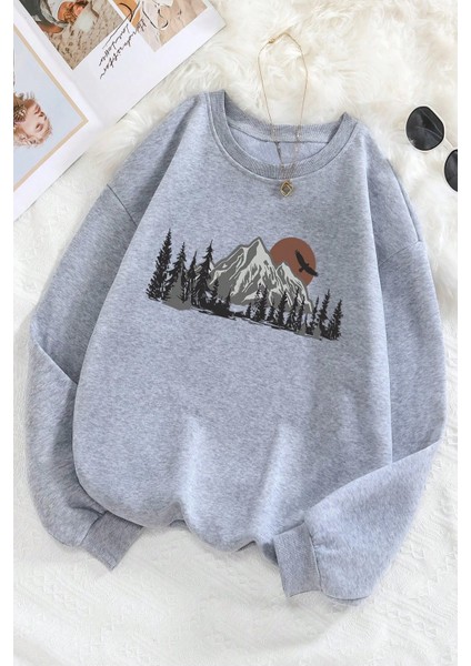 Mountain Baskılı Oversize Sweatshirt