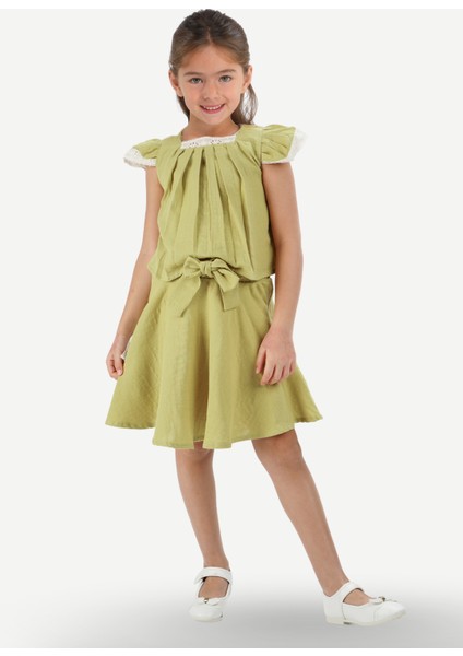 Fıstık Yeşil Muslin Dantelli Kız Çocuk Tunik + Etekli Takım