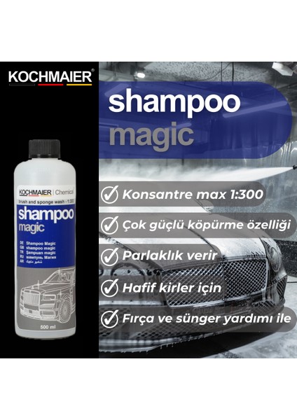 Shampoo Magic Oto Araç Cilalı Kostiksiz Ph Nötr Şampuan Kopüklü Konsantre 1:300 500 ml