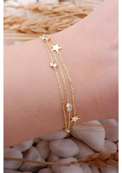 Yıldız Altın Yaldızlı Taşlı Gümüş Bileklik 3920