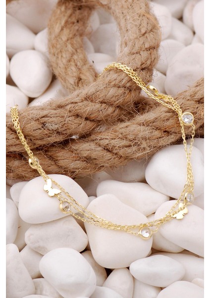 Kelebek Altın Yaldızlı Taşlı Gümüş Bileklik 3923