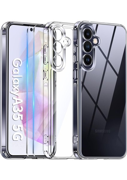 Samsung Galaxy A35 Kılıf Kamera Çıkıntılı Korumalı Yumuşak Şeffaf Silikon +9h Ekran Koruyucu Cam Set