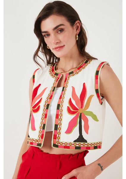 Pamuklu Regular Fit Çiçekli Nakış Işlemeli Crop Yelek Bayan Yelek 676291