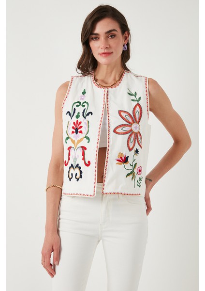 Pamuklu Regular Fit Çiçekli Nakış Işlemeli Yelek Bayan Yelek 676292