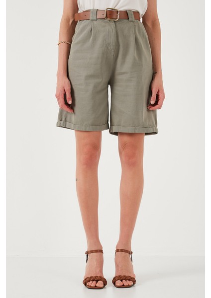 Pamuklu Relaxed Fit Yüksel Bel Kemerli Gabardin Short Bayan Şort 668YP4710