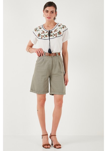 Pamuklu Relaxed Fit Yüksel Bel Kemerli Gabardin Short Bayan Şort 668YP4710