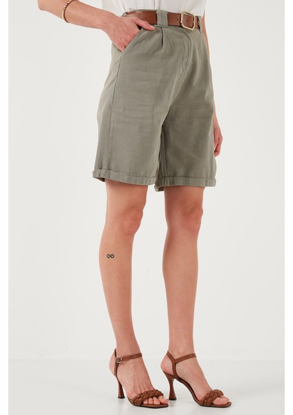 Pamuklu Relaxed Fit Yüksel Bel Kemerli Gabardin Short Bayan Şort 668YP4710