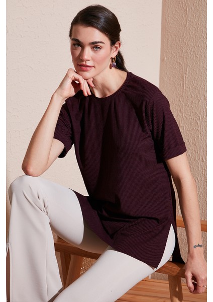 Oversize Bisiklet Yaka Yırtmaç Detaylı Bluz Bayan Bluz 5869000