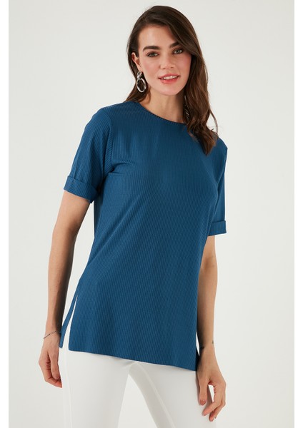 Oversize Bisiklet Yaka Yırtmaç Detaylı Bluz Bayan Bluz 5869000