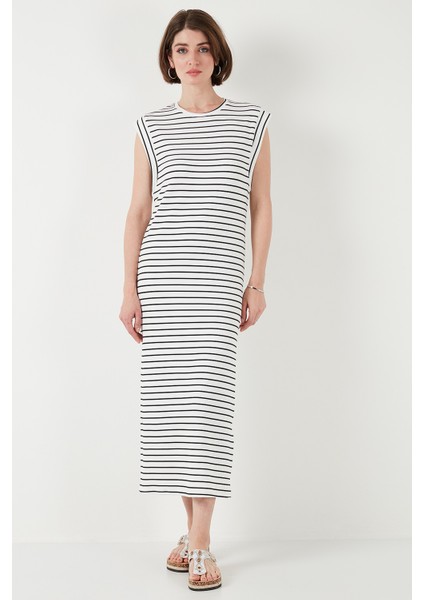 Çizgili Regular Fit Kolsuz Bisiklet Yaka Midi Boy Elbise Bayan Elbise 5866107