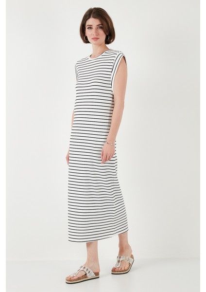 Çizgili Regular Fit Kolsuz Bisiklet Yaka Midi Boy Elbise Bayan Elbise 5866107