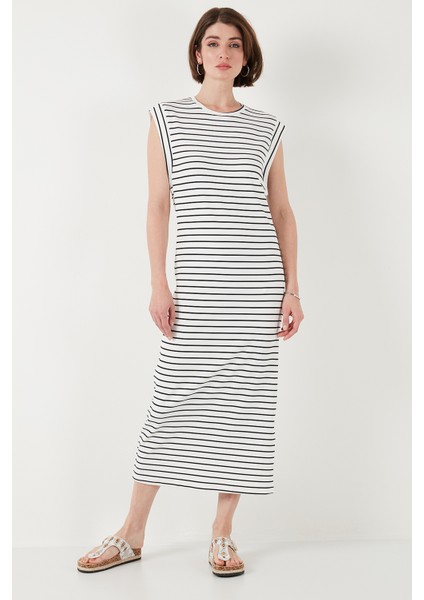 Çizgili Regular Fit Kolsuz Bisiklet Yaka Midi Boy Elbise Bayan Elbise 5866107